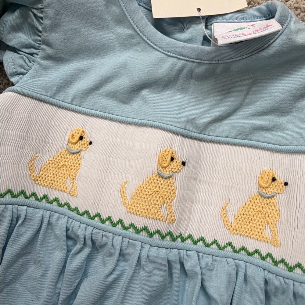 Stitchy Fish-Smocked Light Blue Puppy One-Piece Bodysuit - Baby